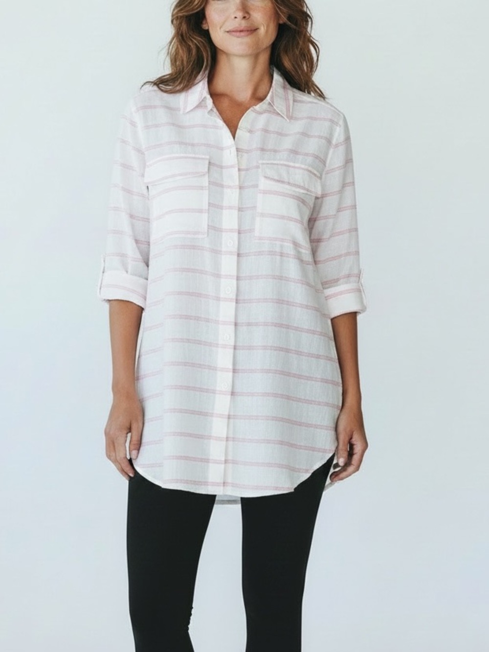 -NWT- DOTTI White Button Down Striped Tunic Size S